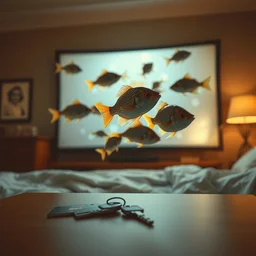 3 d fishes popping out of curved movie screen, fishes floating in bedroom, volumetric lighting, sleeping, pair of keycards on table, bokeh, creterion collection, shot on 7 0 mm, instax