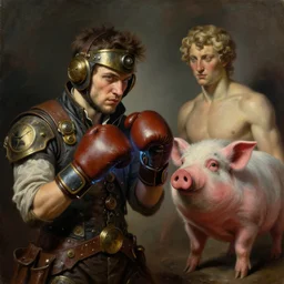 portrait, realistic painting image about a steampunk boxer with electric boxing gloves, versus a humanoid pig. dramatic scene, horror, dramatic lighting realism, created by gustave courbet and michaelangelo, trending in artstation, fine art, smooth draw with oil painting.