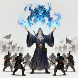detailed character illustration of a wizard with his arms raised manifesting a golem made of energy that is fighting a horde of warriors, at sunset, swirling clouds, trending on artstation, digital art ( by tomasz jedruszek ) ( by senfeng chen ) ( by lorenzo lanfranconi )
