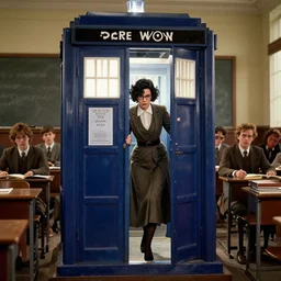 rgb, thin, woman, model, inside the tardis from dr who, short black curly hair, professor clothes, nerdy, in a classroom, shy, amazing composition & dynamic posing, by franz xavier leyendecker, wlop! muted colors, highly detailed, fantasy art by craig mullins, thomas kinkade cfg _ scale 9