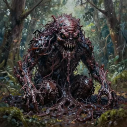 hyperrealistic oil painting, super detailed, scary monster made by tar, in the forest, award winning,