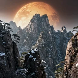 a brightly lit landscape of huangshan mountain range anhui province china planet mars, backlight volumetric light gloomy snow mountain, trending on artstation, featured on behance, well - rendered, extra crisp features, intricate detail, epic composition, in the style of unreal engine