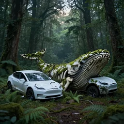 A cinematographic 30mm shot of crashed white tesla cars resembling skeletons of whales outgrown by moss, vines and ferns, submerged in a lush and dense forest, dusk light filtering from the trees below. The scene is apocalyptic, eerie but serene, volumetric, 8k, high resolution