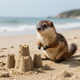 a wicked weasel at the beach with sand castle, photograph,