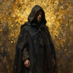 a portrait of a man wearing a long dark cloak, hood and shadows covering face, oil painting, Volumetric Golden dappled dynamic lighting, Highly Detailed, Cinematic Lighting, Unreal Engine, 8k, HD