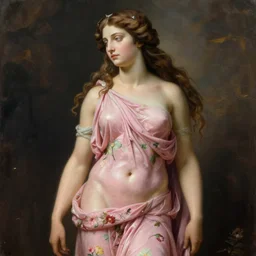 an hyperrealistic mythological oil painting of venus with long brown hair, full body, wearing pink floral chiton, sleeping on a giant scallop shell, near the seashore, intricate lines, elegant, renaissance style, by sandro botticelli