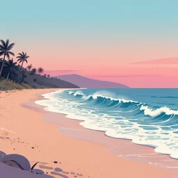 graphic novelfull page illustrations of dreamy desolate beach scenes on a hot summer evening, tropical color palette, by carel willink and gregory crewdson, big waves, surf