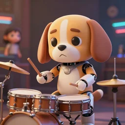 high quality 3 d render very cute cyborg beagle plays drums!, cyberpunk highly detailed, unreal engine cinematic smooth, in the style of blade runner & pixar, hannah yata charlie immer, moody light, low angle, uhd 8 k, sharp focus