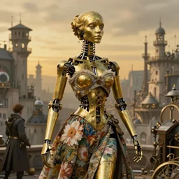brass semi - mechanical woman, portrait, floral art novuea dress, art by ardian syaf and moebius, caravaggio, in steampunk cityscape, golden hour