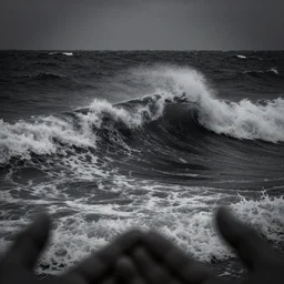 dark ocean, towering waves, grey - scale, highly turbulent, deep focus, dark sky, high point of view, hidden hands and faces