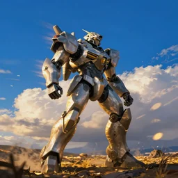 armored core v by liam wong, ; outdoor, pure blue sky, cloud, wilderness ground, golden time, twilight ; digital painting, dynamic contrast, bokeh, motion blur, photoreal, cinematic,