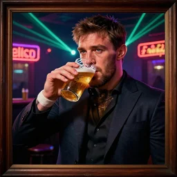 a well framed portrait of conor mcgregor drinking a beer in an irish pub with a neon bar, laser lighting, trending on art station, in the style of the movie heat with al pacino, volumetric lighting & shadows, hyper detailed, digital art, unreal engine, 4 0 0 mm f 1. 8,