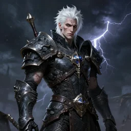portrait of beautiful gothic and futuristic young man, warcraft, cyber and rocks armor, a lot of more and more scars, thunderstorm, black with white head, the middle ages, highly detailed, artstation, illustration, more and more composision, 8 k quality, art by jean delville, rene magritte