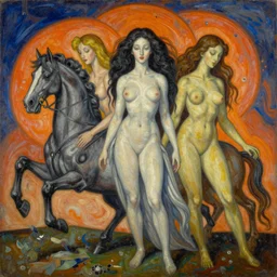the three fates and their horses | pain, pleasure, suffering, adventure, love, life, afterlife, souls in joy and agony disaster, | Japanese pop-surrealism | miracle, love | abstract oil painting, gouche on paper by MC Escher and Salvador Dali on LSD |
