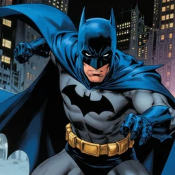 deep focus, a closeup portrait of adam west as batman with a long blue cape and cowl in gotham city at night, fighting action pose, stan lee, detailed illustration, neal adams, intricate, comic book cover, film still,