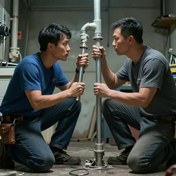 epic duel between plumbers and electricians, cinematic