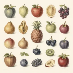 full page antique lithograph of varying fruits and berries, muted colors, labeled diagram, different shapes and sizes