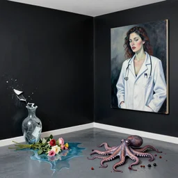 empty room with black walls, sensual portrait of a female pathologist, broken vase, spilled flowers, puddle of water, octopus, squashed berries, neo - expressionism, surrealism, acrylic and spray paint and oilstick on canvas