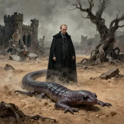 voldemort putin as a dementor slowly slithering across a barren desert wasteland and melting into the darkness around him, slug, hd face photo, 8k, surrealism, painting, ultra realistic, moody, foggy, desolate, forlorn, sad, decrepit ruins, twisted gnarled trees, broken castles, hungering void