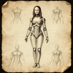 Leonardo De vinci schematics of female android, pencil drawing on old parchment paper, digital art, trending on artstation