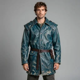 an award - winning photo of a ancient male model wearing a baggy teal distressed medieval designer menswear leather jacket slightly inspired by medieval armour, 4 k, studio lighting, wide angle lens