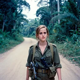 film still, extreme far view, dirt road background, emma watson, jungle, vietnam war soldier, apocalypse now, associated press, 2 6 mm, kodak ektachrome, blue tint expired film,