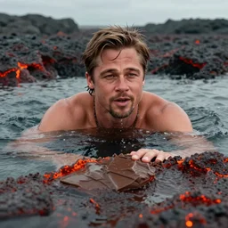 brad pitt swimming in lava with chocolate