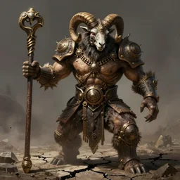 concept art, crack in the ground, a giant hairy beast full body warrior with a ram head coming out, toned muscles, intricate face details, old wooden staff raised in its hand, steampunk vibes