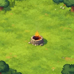 empty grass field with a burned small stone well in the center, at midday, from a fantasy point and click 2 d graphic adventure game, art inspired by thomas kinkade,