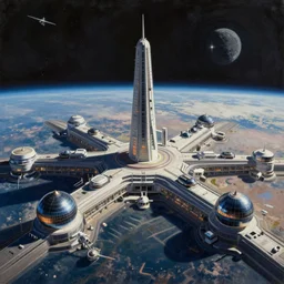 a painting of low earth orbit space city by john harris.