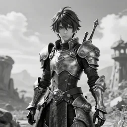 a vertical portrait of a manga character in a scenic environment by nihei tsutomu, black and white, dreamy, steampunk armor, highly detailed, 3 d render, vray, octane