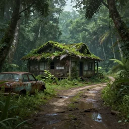 the last of us : the style of part 2, a japanese style cabin that has been forgotten for many years in the tropical rain forest, a pothole mud road extending into the rain forest, a rusty car parked outside, everything covered by vegetation. by sergey vasnev and jan urschel, matte painting, real lighting, ponding, 4 k details