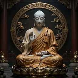 Half cyborg half monk discovering enlightenment, dark atmosphere, 8k, cinematic lighting, symmetry, elegant, ornate, hyper realistic, zen