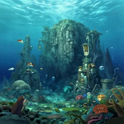 An illustraion of an underwater seascape, digital art, massive scale, detailed, Ghibli Studio, Dan Mumford