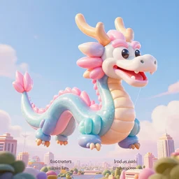 3 d, elaborate, giant, pastel, octane render, massive, detailed, shiny, 3 d, pastel, blowup balloon dragon with eyes and mouth, twisting geometry, floating in a 3 d painted sky, cinematic, 3 d designed city, 4 k by'eva cremers'and'lesley barnes'and'jordan coelho'