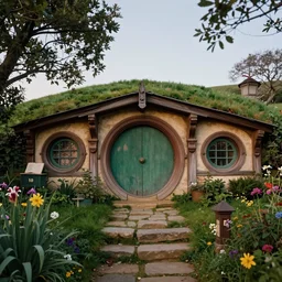 low angle front facing view of hobbiton architecture with garden and steps, highly detailed matte painting, evening, by stanley artgerm lau, greg rutkowski, thomas kinkade, alphonse mucha, loish, norman rockwell, artstation, unreal engine 5