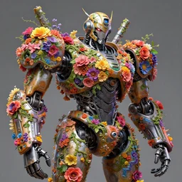 colourful vfx art - portrait of aremy mech robot wrapped in flowers & vines, art by hsiao - ron cheng & james jean, volumetric light, ray tracing, sharp, detailed, digital painting, illustration, highly detailed, intricate detail, unreal engine, octane render, pinterest, behance, art station,