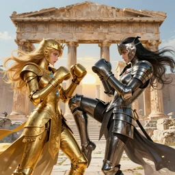 one golden knights of zodiac girl and one metallic black knights of zodiac girl kickboxing at ruined Agora of Athens sunrise, ssci-fi, fantasy and human anatomy, intricate and very very beautiful and elegant, highly detailed and hyperrealistic digital painting, artstation, concept art, smooth and sharp focus, illustration, art by tian zi and WLOP and alphonse mucha
