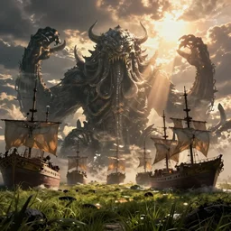 dark fantasy scene showing cthulhu the giant sea monster destroying ships, cinematic view, epic sky, detailed, concept art, low angle, high detail, warm lighting, volumetric, godrays, vivid, beautiful, trending on artstation, by jordan grimmer, huge scene, grass, art greg rutkowski