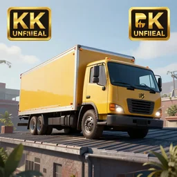 a ups truck got stuck on a roof, digital art, unreal engine 5, 4 k