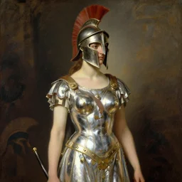 woman in a chrome dress wearing a spartan helmet, in the style of 1 9 th century oil painting