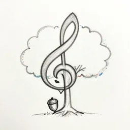 a single line tracing of an acorn that turns into a tree in the shape of a treble clef with a perceptual edge in the middle, single line drawing with small color explosions