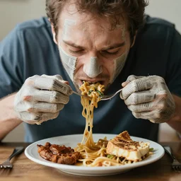 a man whose hands are made out of old newspapers struggles to eat his lunch