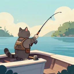 fisherman cat, cat fishing from boat, digital art by Greg rutkowski