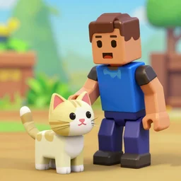 blocky Roblox R6 character petting a cute cat