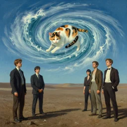 a calico 🌊 swirling in the sky above a barren 🏜 by ivan shishkin and zacharias aagaard and simon stalenhag and dan mumford and josan gonzalez, surrealism, chiaroscuro, hyper detailed, high saturation, retrowave