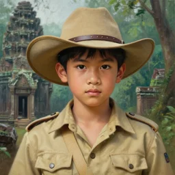 the most famous and smart and handsome, natawud sakidjai, 3 5 years old thai actor dressed as hunter in armed, close - up portrait, with 6 0 s khaki western hat, khaki safari hunter costume, ancient khmer ruin in the rainforest in background, intricate, elegant, loin cloth, highly detailed, oil painting, artstation, concept art, matte, sharp focus,
