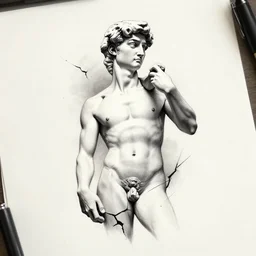 tattoo design sketch of the statue of david cracked, in the style of den yakovlev, realistic face, black and white, realism tattoo, hyper realistic, highly detailed