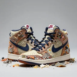 nike high top sneakers concept shot, made from chewing gum and garbage