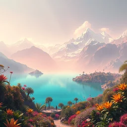 a retrowave painting of a paradise garden, a land of the dead, divine, hazy, volumetric lighting, snowy summits in the background, vast turquoise lake, lush flora, empty, spacetime bending, very detailed, serene, gold accents, washed out colors, beautiful artwork, master level composition, raytracing